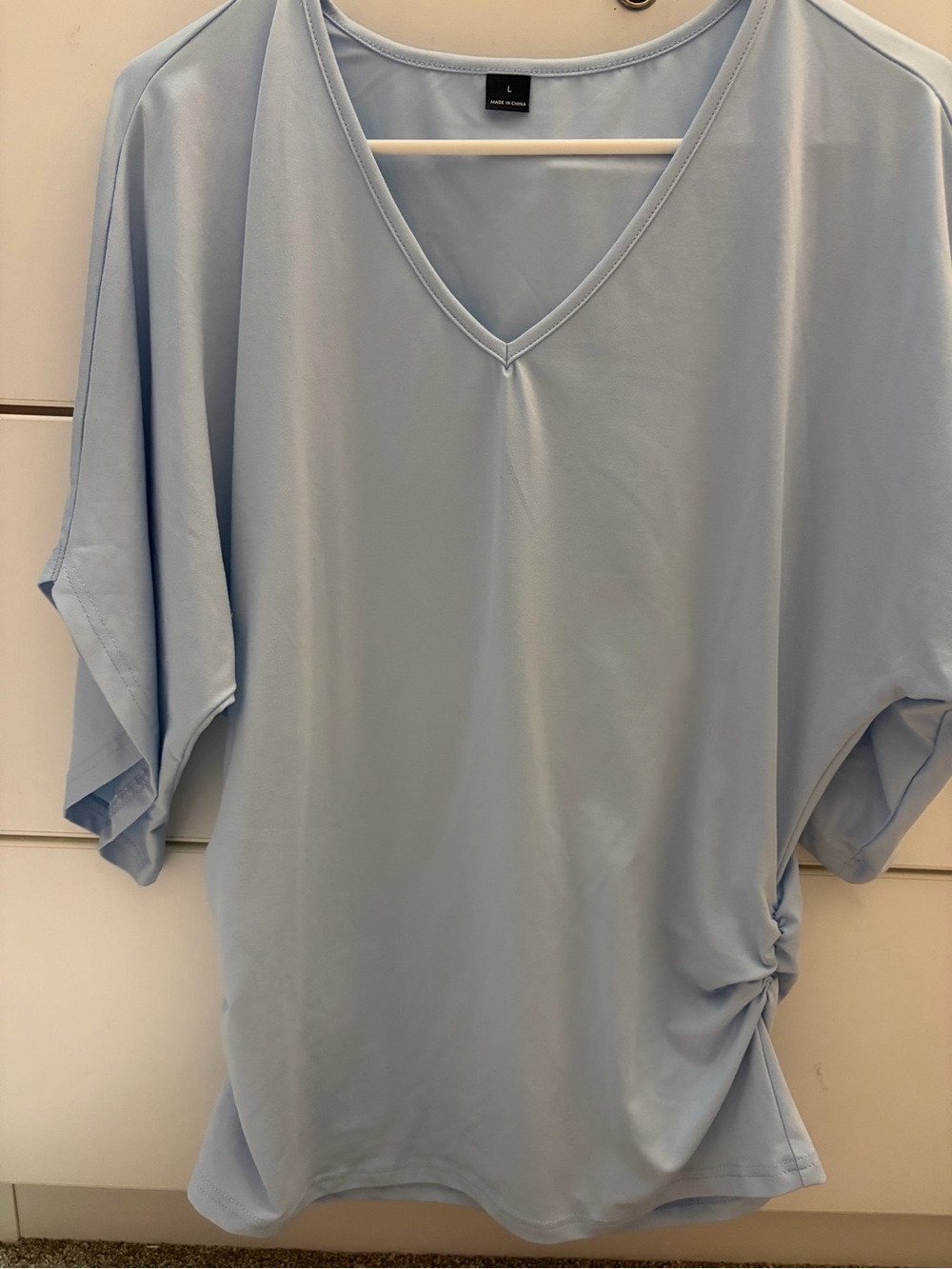 SHEIN Light Blue V-Neck Side Ruched Blouse